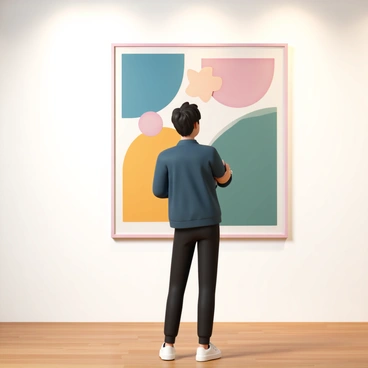 A person, dressed in a fashionable dark blue jacket and black jeans, stands in front of a large, abstract painting in a modern art gallery. The artwork features bold, vibrant colors and geometric shapes. The person has short, wavy hair and appears to be in their late twenties. With arms crossed and a contemplative expression, they are gazing at the painting, clearly lost in thought. The background includes minimalist white walls and warm wooden flooring, with soft lighting highlighting the artwork.
