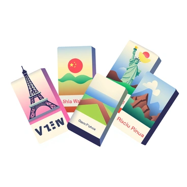 A collection of colorful matchboxes is displayed together, each featuring a different famous landmark from around the world. The first matchbox has a detailed illustration of the "Eiffel Tower" in Paris, with its intricate iron latticework. Next to it, a matchbox showcases the "Great Wall of China," depicted with its long, winding structure across green hills. Another matchbox features the "Statue of Liberty," highlighting the statue's torch and crown against a sunset background. There is also a matchbox featuring "Machu Picchu," with the ancient ruins set against the backdrop of mountains. Each matchbox is uniquely designed with vibrant colors and patterns that represent the essence of each landmark.