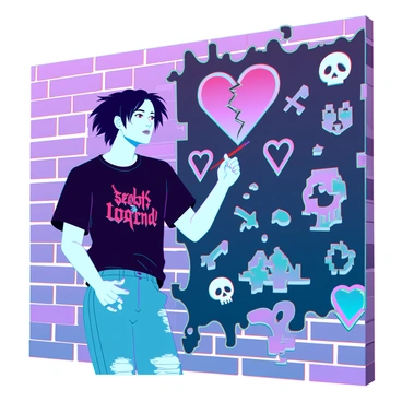 An emo artist with pale skin and dark, tousled hair is painting a large mural on a brick wall. The artist wears a black T-shirt with band logos and distressed jeans. Surrounding the artist are vibrant splashes of dark colors, including deep purples, blues, and blacks. Personal symbols such as broken hearts, skulls, and abstract shapes are integrated into the mural's design. The artist is focused, holding a paintbrush, with paint splatters on their hands and clothes. The scene captures a sense of creativity and emotion flowing from the artist into the mural.