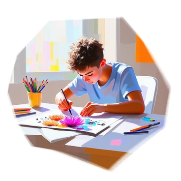 A student with light skin and short, curly hair is sitting at a desk, focused intently on creating an illustration of coral reefs. The desk is cluttered with art supplies, including colored pencils, paintbrushes, and sketch paper. The student is wearing a casual blue shirt and is leaning over the paper, adding intricate details to their drawing. The illustration features a variety of coral types in vivid colors, including bright pinks, deep reds, and rich blues, along with small fish swimming among the coral. The background suggests a bright and airy environment, filled with natural light coming from a nearby window.