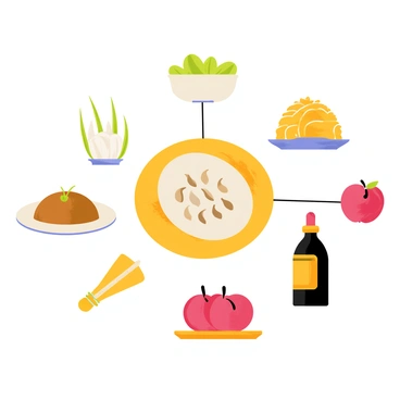 A colorful Haft-Sin display featuring seven distinct items arranged artfully. The first item, "Sabzeh," consists of vibrant green wheat sprouts in a decorative bowl. The second item, "Samanu," is a smooth, brown sweet pudding placed in a small glass dish. The third item, "Senjed," includes shiny, dried juniper berries scattered around a delicate porcelain plate. The fourth item, "Seer," showcases an arrangement of several white garlic cloves on a woven mat. The fifth item, "Seeb," consists of bright red apples arranged neatly atop a wooden platter. The sixth item, "Somāq," features a mound of deep red sumac berries in a stylishly designed container. The seventh item, "Serkeh," is represented by a small bottle of vinegar, elegantly displayed next to a candle. Each item is made from different materials, adding texture and depth to the artwork, with a colorful backdrop enhancing the visual appeal.