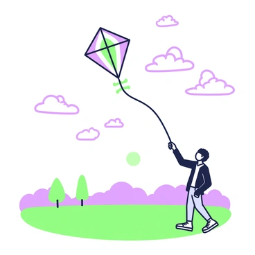 A colorful kite soaring through a bright sky scattered with clouds