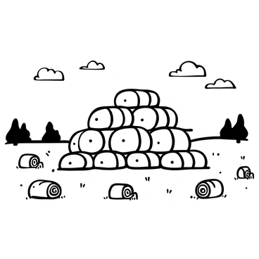 A large stack of hay bales arranged in a pyramid formation in the center of a field. The bales are tightly bound and show distinct twine wrapping. Surrounding the stack, the field is dotted with smaller hay bales, some lying on their sides. In the background, a few scattered trees are silhouetted against the horizon, while the ground is uneven, suggesting the texture of the terrain. The sky above is expansive, with clouds subtly drifting. The scene is tranquil, embodying the preparation for the winter season.