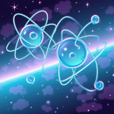 A vast cosmic expanse filled with swirling clouds of gas and particles, representing the aftermath of the Big Bang. In the foreground, two distinct atoms are depicted: a "hydrogen atom" with a single electron orbiting a nucleus containing one proton, and a "helium atom" with two electrons orbiting a nucleus consisting of two protons and two neutrons. The atoms are surrounded by a backdrop of bright, blue and purple nebulae, with sparkling stars beginning to emerge in the distance. The scene captures the moment of formation with dynamic movement and energy radiating from the interacting atoms.