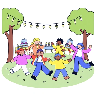 Hobbits dancing joyfully in a circle under twinkling fairy lights at a festival