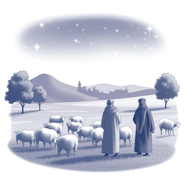 A group of shepherds stands in a vast field, gazing attentively at their flock of sheep scattered across the green grass. The shepherds are dressed in traditional attire, with flowing robes and head coverings. In the background, gentle hills rise, indicating the landscape surrounding Bethlehem. The sheep, varying in size and posture, graze and roam freely. A few trees punctuate the landscape, providing some shade. The night sky above is filled with stars, twinkling brightly, while the silhouette of Bethlehem can be seen in the distance, with quiet structures outlined under the starlight.