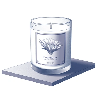 A scented candle placed on a wooden table. The candle is encased in a simple glass holder with a smooth finish. The label on the front of the candle features a detailed illustration of a "King Protea," showcasing the flower's distinctive large, spiky petals and intricate center. The background of the label includes subtle decorative elements that complement the flower design. Light shadows are cast on the table, enhancing the three-dimensional appearance of the candle.
