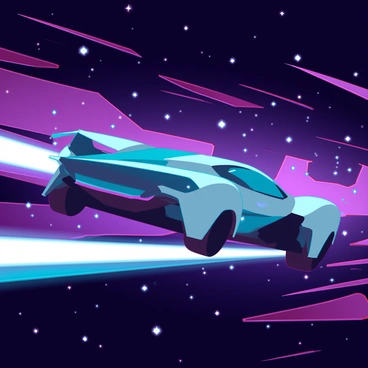 A futuristic car traveling through a cosmic landscape with stars and galaxies