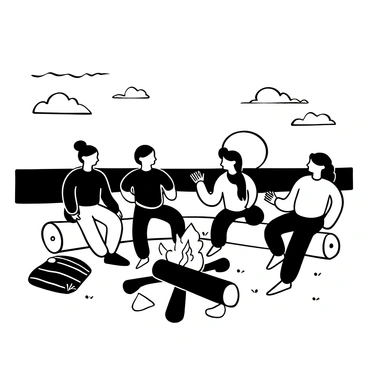 A group of friends sitting around a campfire on the sand, with logs and stones arranged to create a circle. The flames of the fire are dancing, casting flickering shadows on their silhouettes. In the background, the ocean is visible with gentle waves lapping against the shore. The sun is setting on the horizon, creating a transition from light to dark as it sinks. A few beach towels are spread out nearby, and there are marshmallows on sticks resting over the fire. The sky is filled with clouds, forming interesting shapes as they catch the fading light.