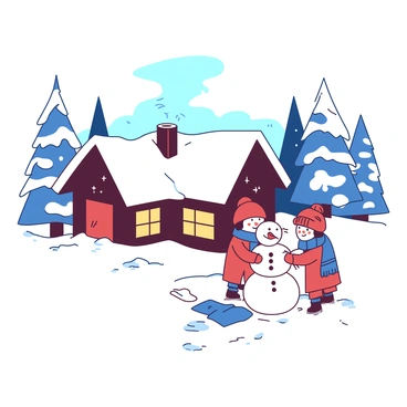 A white cozy cabin with smoke curling from the chimney is nestled among large snow-covered pine trees. The cabin has a warm glow emanating from its windows, indicating a fire inside. In front of the cabin, two children are joyfully building a snowman, one child has a blue scarf wrapped around their neck while the other child is wearing a red hat. The snowman is adorned with a carrot nose and black button eyes. Snowflakes gently fall from the sky, adding to the wintry atmosphere. Surrounding the scene is a peaceful blanket of fresh, untouched snow.