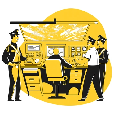 A control room inside a submarine, featuring several officers focused on their tasks. One officer is seated at a console, intently watching a screen displaying navigational data. Another officer stands nearby, adjusting dials and monitoring various control panels filled with switches and buttons. The room is dimly lit, with glowing screens providing light, highlighting the serious expressions of the officers. Various instruments and a large map of the ocean can be seen on the walls, depicting the submarine's route and status.