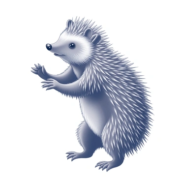 A porcupine is standing on its hind legs, with its front limbs extended outward as if inviting a hug. The body is covered in numerous sharp quills that are clearly visible, creating an intricate pattern on its back. The porcupine's facial expression conveys hesitation, with its eyes wide and mouth slightly opened. The setting is simple, focusing solely on the porcupine's stance and the details of its quills and posture.