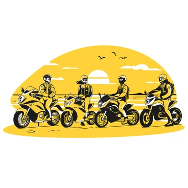 A group of four riders, each wearing protective gear and riding jackets, are standing beside their parked motorcycles on a sandy beach. The motorcycles, a mix of sporty and cruiser styles, gleam under the fading sunlight. The ocean waves gently lap at the shore, reflecting the warm colors of the sunset. The sky is filled with shades of yellow and black as the sun dips toward the horizon, casting golden light across the scene. The riders are seated on their bikes, some with helmets off, sharing stories and laughter while the gentle breeze rustles through their hair. In the background, a few seagulls fly low over the water, adding to the tranquil atmosphere.