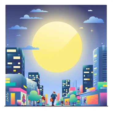 A large, bright moon is partially obscured by the sun, creating a dramatic solar eclipse. The moon's shadow is cast over a vibrant cityscape below. The city features tall skyscrapers with glass facades reflecting the sunlight peeking around the edges of the moon. Streets are bustling with people gazing upward, some wearing eclipse glasses. The sky above is a mix of deep blues and purples as the sunlight dimly illuminates the scene. Colorful lights from the buildings add to the lively atmosphere, while a few clouds drift across the sky.