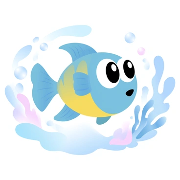 A cartoon fish with large eyes is swimming in clear water. The fish has vibrant colors, including blue and yellow scales that shimmer in the light. Bubbles are rising around the fish as it moves gracefully through the water. The surrounding environment features soft coral formations and gentle waves, enhancing the lively underwater scene.