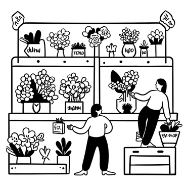 A quaint flower shop filled with assorted vases of flowers, each displaying various floral arrangements in intricate detail. The shop's interior is lined with wooden shelves, showcasing "For You" signs next to the bouquets. A customer stands at the counter, reaching toward a bouquet with "Thank You" written on a tag. Another customer is placing a small potted plant with a "Welcome" sticker onto the counter. The atmosphere is lively with floral patterns and textures, enhancing the scene's richness.