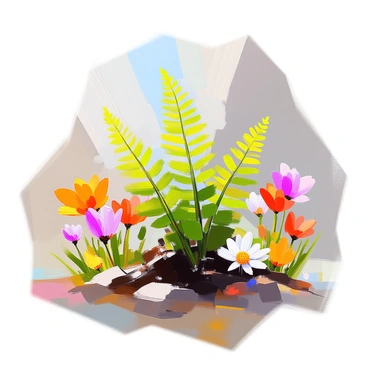A vibrant spring scene featuring young ferns that have just emerged from the rich, dark soil. The ferns are a bright green, unfurling their delicate fronds. Surrounding the ferns are various blooming flowers in a spectrum of colors, including red, yellow, and purple, creating a lively contrast. The flowers are in full bloom, with petals open wide to the sunlight. The ground is dotted with blades of grass, enhancing the lushness of the scene. This composition captures the essence of spring's renewal and vitality.