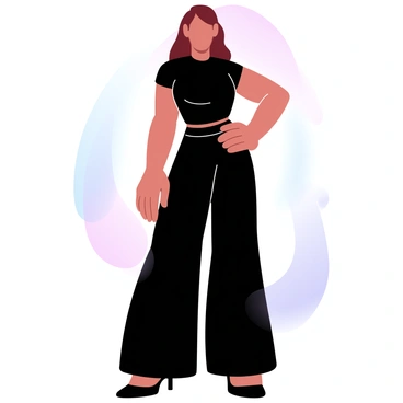 A girl is standing confidently, dressed in an all-black outfit that features a fitted top and wide-leg trousers. The fabric of her outfit has a rich texture, showcasing soft folds and a sleek surface. She has one hand resting on her hip, and her posture is relaxed yet assertive. The background consists of smooth, flowing shapes in gradient pastel colors that complement her attire but do not distract from it.