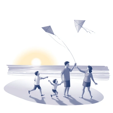 A family of four is standing on a sandy beach. The parents are actively flying multiple kites, which are large and dynamic, showcasing various shapes. The father is holding the string of a kite that is soaring high above, while the mother is guiding another kite that is dancing in the breeze. Two children, a boy and a girl, are running alongside, laughing and pointing excitedly at the sky. The sun is setting in the background, casting long shadows on the sand and illuminating the scene with a warm glow. The waves of the ocean are softly lapping at the shore nearby, adding to the lively atmosphere of the beach.