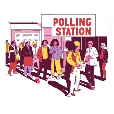 A group of voters is lined up outside a polling station, each person eagerly anticipating their turn to vote. There are individuals of different ages and ethnicities, showcasing a diverse representation of the community. Some voters are holding identification cards, while others are chatting among themselves. The polling station building is visible in the background, featuring a large sign that reads "Polling Station" in bold letters. The scene captures the energy of civic engagement as the sun casts a warm light over the gathering.