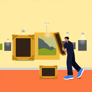 A shadowy figure dressed in dark clothing is carefully removing a famous painting from its frame in a well-lit art gallery. The figure has their back turned, obscuring their features, while they gently hold the edges of the original artwork. The frame, ornate and golden, is rich in detail. Next to the figure, a fake painting, similar in appearance to the original but with noticeable differences, is poised to be placed in the empty frame. The gallery is filled with other artworks, and the walls are painted in a warm cream color. Spotlights illuminate the original painting, drawing attention to its brilliance amidst the scene.