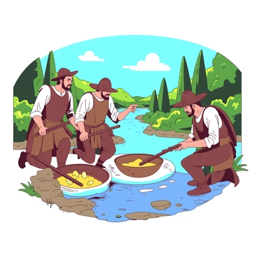A group of conquistadors dressed in historical armor stands at the edge of a river, intently panning for gold. They are using large, flat metal pans to sift through the water, focused on finding shiny nuggets. The river flows gently, reflecting dappled sunlight as it meanders through a lush, green landscape. In the background, tall trees line the riverbank, and the sky above is a bright blue with a few fluffy clouds. One of the conquistadors is kneeling by the water, while another is pointing excitedly at a nugget glimmering in the pan.