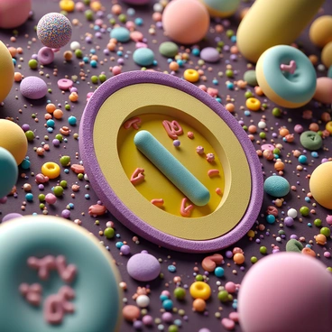 A group of bacteria with various shapes, including rod-shaped and spherical, are depicted in a close-up view. The bacteria are surrounded by a colorful, nutrient-rich environment filled with diverse particles representing vitamins and minerals. Some bacteria have visible structures, such as flagella and pili, that enhance their movement and adhesion to surfaces. The scene shows one bacterium actively engaging in transport, with a visible mechanism at its cell membrane, illustrating how it absorbs nutrients through specialized transport proteins. Bright arrows indicate the direction of nutrient movement from the environment into the bacterial cells, emphasizing the process of active transport.