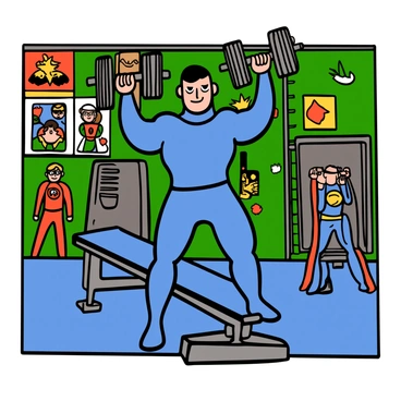 A tall comic book hero with a muscular build and bright blue spandex costume is performing a dumbbell bench press. He has short dark hair and a confident expression on his face. The gym is filled with superhero-themed decorations, including posters of famous heroes on the walls. The weight bench is sleek and modern, and he is lifting large, shiny dumbbells. A vibrant green and red color scheme dominates the gym, complementing his costume. In the background, other comic book heroes can be seen working out, showcasing a lively atmosphere.