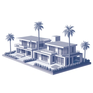 A cluster of luxurious mansions set in a lavish environment. Each mansion features modern architecture with expansive windows and stylish balconies. Tall palm trees surround the properties, providing shade and creating an upscale ambiance. The landscape includes manicured lawns and vibrant greenery, contributing to the opulent atmosphere. The scene captures a sense of exclusivity and grandeur.