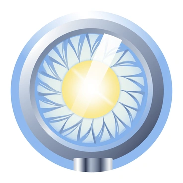 A close-up view of a car's headlight is displayed prominently in the image. The headlight features a unique design pattern with intricate geometric shapes carved into the lens. The lens is made of clear glass, showcasing a bright, focused beam of light emitting from within. Surrounding the headlight, there are metallic components that reflect light, giving a polished appearance. The background is softly blurred, ensuring the headlight remains the central focus of the composition.