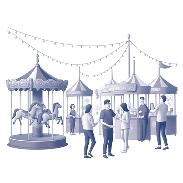 A lively carnival scene featuring various amusement rides and game booths. In the foreground, there is a spinning carousel adorned with ornate horses. Nearby, colorful game stalls display prizes and invite carnival-goers to participate. The atmosphere is enhanced by strings of lights overhead, creating a festive ambiance. A group of people can be seen enjoying the attractions, with some holding cotton candy and others laughing as they try their luck at the games.