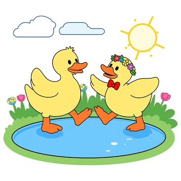 A pair of cartoon ducks with bright yellow feathers is dancing joyfully together near a clear blue pond. Each duck has large, expressive eyes and a cheerful smile on their beaks. One duck wears a tiny red bowtie while the other sports a colorful flower headband. The pond is surrounded by lush green grass and a few colorful wildflowers. The sun is shining brightly, casting soft reflections on the water, while a few fluffy white clouds drift lazily in the sky above. The ducks are mid-step, with one duck raising its wing and the other extending its foot as they share a playful moment.