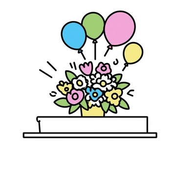 A table is set with a large bouquet of mixed flowers, featuring various colors and types. Surrounding the table are vibrant balloons in different shapes and sizes, floating above. The setting is bright and festive, emphasizing the celebration theme. The balloons include shades of red, blue, green, and yellow, creating a joyful atmosphere. The flowers in the bouquet include roses, daisies, and tulips, arranged attractively with green leaves.