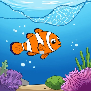A bright orange clownfish with white stripes is swimming swiftly through the deep blue ocean. The clownfish has large, expressive eyes and fins that seem to flutter as it maneuvers. Nearby, a fishing net drifts through the water, its tangled edges illuminated by shimmering sunlight filtering down from the surface. Bubbles trail behind the clownfish as it expertly weaves through coral reefs adorned with various shades of purple and green. Colorful sea anemones sway in the gentle currents, providing a lively backdrop to the scene. The clownfish's fins create a playful splash as it escapes the approaching net.