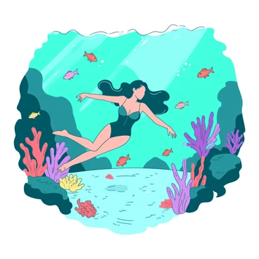 A teal woman with long black hair is swimming gracefully beneath the surface of a crystal-clear ocean. She is wearing an elegant swimsuit that flows with her movements. Surrounding her are vibrant coral formations in various shapes and sizes, showcasing an array of colors. Colorful fish of different species dart playfully around her, adding lively splashes of color to the scene. Sunlight filters through the water, creating shimmering patterns on the sandy ocean floor below.