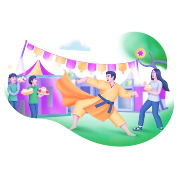 A martial artist in a vibrant, flowing outfit is captured mid-motion, demonstrating a series of impressive martial arts moves. The backdrop features an outdoor festival with colorful tents and flags fluttering in the breeze. Surrounding the martial artist are an engaged audience, with expressions of awe and excitement. A few spectators hold traditional festival snacks, adding to the festive atmosphere. Brightly colored banners and decorative lanterns are visible in the scene, enhancing the lively environment. The ground is covered in soft grass, with patches of sunlight filtering through the trees nearby.