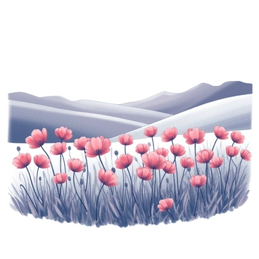 A field filled with numerous "poppies" blooming vibrantly, their distinct petals fully open. The landscape is rolling, with gentle slopes that create a sense of depth and movement. In the background, "distant hills" rise softly, their outlines blending into the horizon. Above, a "bright sky" stretches wide, adding a sense of openness to the scene. The overall composition captures the beauty of nature during spring.