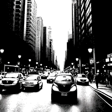 A bustling city street scene where cars and lights are glitching and pixelating