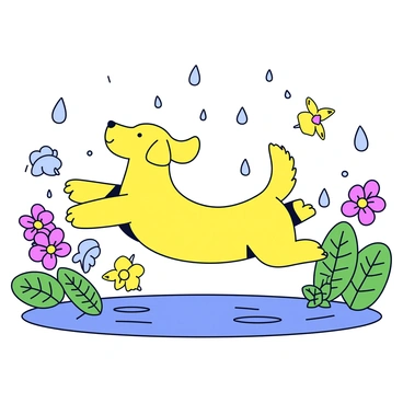 A playful dog with a fluffy golden coat is frolicking in a rain garden filled with vibrant green plants and colorful flowers. The dog is leaping joyfully, kicking up splashes of water and scattering leaves around. Raindrops are falling gently, creating ripples in the small puddles formed on the ground. The background features a variety of plants, including ferns and hostas, adding depth to the scene.