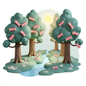 A whimsical forest filled with tall trees, each with a trunk textured like bark and branches extending outward. The leaves of the trees are replaced by vibrant KitKat bars, their bright red packaging contrasting with the green foliage. Sunlight filters through the branches, casting playful shadows on the forest floor, which is covered in soft moss and scattered fallen KitKat wrappers. In the background, a gentle stream flows, reflecting the colorful candy leaves above. A few curious woodland creatures, such as rabbits and squirrels, can be seen peeking out from behind the trees, intrigued by the unusual sight.
