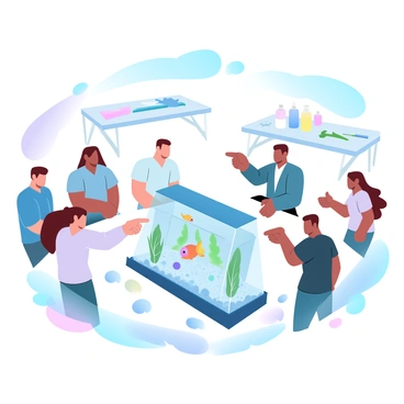 A group of people is gathered around a small aquaculture project featuring a DIY fish tank. The fish tank is filled with clear water, showcasing colorful fish swimming inside. There are plants and decorative stones at the bottom of the tank, enhancing its visual appeal. Several individuals are observing the tank with interest, pointing at the fish and discussing the setup. In the background, there are tables with materials and tools used for building the fish tank, indicating an active DIY environment. Above the gathering, a clear blue sky can be seen, contributing to the outdoor setting.