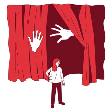 A white translucent hand is reaching out from behind a red curtain towards an unsuspecting person. The curtain is slightly parted, revealing the hand's delicate fingers stretching forward. In the foreground, a person is standing with a surprised expression, looking in the direction of the hand. The scene conveys a sense of tension as the hand appears to be almost touching the person, creating an intriguing interaction between the two.