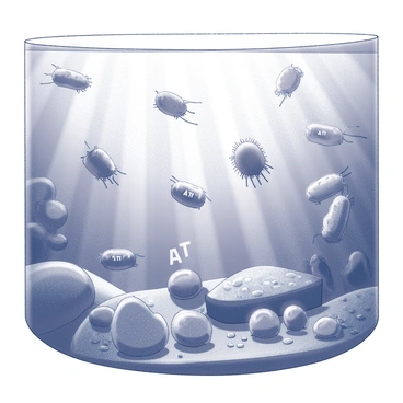 An underwater scene filled with various microorganisms. The microorganisms are depicted in detailed forms, showcasing their unique structures and shapes. Some microorganisms are actively moving through the water, using flagella or cilia for propulsion. Others are gathering near nutrient-rich areas, visibly interacting with their surroundings. Sunlight filters down through the water, casting soft shadows and illuminating the intricate details of their cellular structures. "ATP" is inscribed within the scene, possibly as part of a visual diagram highlighting their role in energy production.