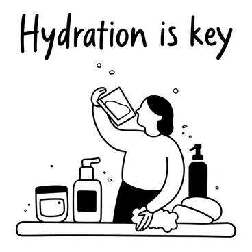 A person holding a clear glass of water, tilting it towards their mouth. Surrounding them are various hydrating skincare products, including a cream, a serum in a dropper bottle, and a mist spray, all arranged neatly on a bathroom countertop. There are droplets of water on the skincare bottles, and a small towel lies beside them. “Hydration is key” is displayed in bold letters above the scene.