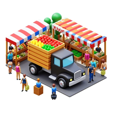 A black truck loaded with fresh produce, including vibrant red tomatoes, bright yellow corn, and leafy green lettuce, is parked at a bustling farmer's market. The truck has wooden crates overflowing with fruits and vegetables, showcasing a variety of colors. Surrounding the truck, there are numerous market stalls with vendors selling homemade goods and organic products. Shoppers are seen carrying reusable bags filled with produce, and there are colorful banners fluttering in the wind. The scene is filled with activity and lively interactions among customers and vendors.