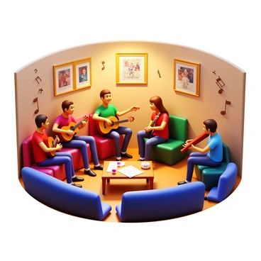 A cozy room with warm lighting. Musicians are sitting in a circle on comfortable cushions. Each musician is holding a different instrument, such as a guitar, a violin, a drum, and a flute. They are sharing instruments, exchanging smiles and laughter while they create music together. The walls are decorated with musical notes and posters of famous bands. A small coffee table in the center holds sheet music and snacks. The atmosphere conveys a sense of collaboration and creativity.