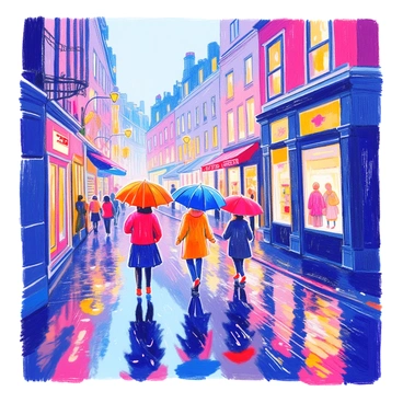 A rainy street scene captures a bustling city atmosphere. Several people are walking along the wet pavement, each carrying brightly colored umbrellas that contrast with the gray sky. The ground is slick and mirrored, reflecting the vibrant colors of the umbrellas and the surrounding buildings. Water droplets fall from the umbrellas, creating ripples in the puddles. Along the street, shop windows glisten with raindrops, adding to the lively ambiance. Streetlights cast a warm glow, illuminating the scene as evening approaches.
