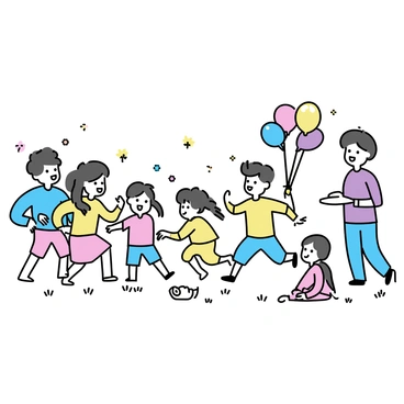 A group of children, wearing traditional colorful outfits, are playing together in a lively atmosphere. Some children are running around with bright balloons, while others are engaged in a game of tag. A few are sitting on the grass, laughing and sharing sweets. In the background, decorations like flowers and streamers are visible, adding to the festive mood. One child is holding a small plate of rice, symbolizing the rituals of the Upanayanam celebration. They are surrounded by family members who are smiling and watching them.