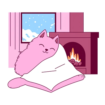 A pink fluffy cat is wrapped snugly in a white blanket, sitting comfortably by a crackling fireplace. The cat's eyes are half-closed, radiating a sense of warmth and contentment. The fireplace glows with orange flames, casting a soft light around the room. Outside the window, snow is gently falling, blanketing the scenery in a layer of white. The scene evokes a cozy atmosphere, perfect for a winter's day indoors.