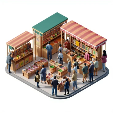 An urban bazaar bustling with activity, showcasing a variety of stalls. Each stall is distinct, featuring colorful awnings and displays filled with goods from different cultures. One stall offers vibrant textiles and handcrafted garments, while another presents an array of exotic spices in brightly colored jars. A third stall has artisanal pottery and decorative items, reflecting intricate designs. Shoppers of diverse backgrounds are interacting with vendors, examining products, and sharing lively conversations. The scene is lively and filled with an assortment of goods, creating an immersive market atmosphere.